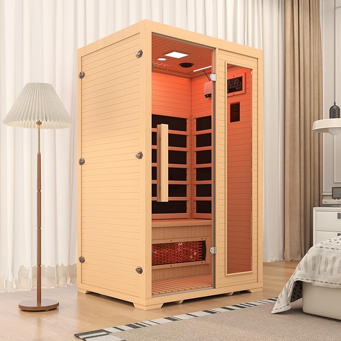 2 Person Infrared Sauna, Full Spectrum Sauna for Home, Indoor Dry Saunas with 5 Carbon Panels and 1 Carbon Tube, Oxygen Bar and 7 Color Light Strips, Canadian Hemlock,110V