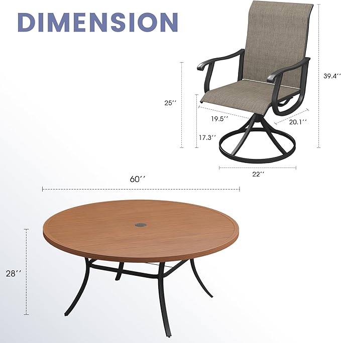 VICLLAX 9 Pieces Outdoor Dining Set, Patio Furniture Set of 8 Patio Swivel Dining Chairs and 60" Patio Round Table, Mixed Brown Chairs & Walnut Tabletop