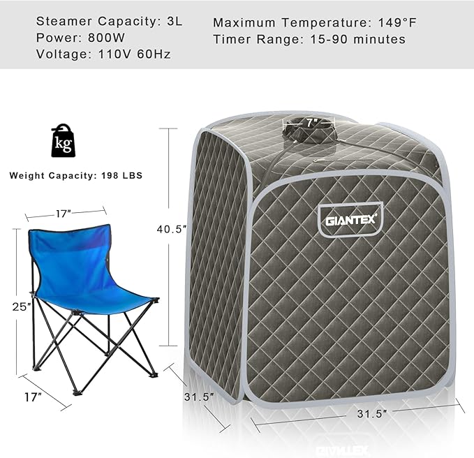 Giantex Portable Sauna, Sauna Box 3L Steam Box Remote Control, 9 Adjustable Temperature & Timer, Foot Roller, Mat & Foldable Chair, Steam Sauna for Single Person, Personal Sauna Tent for Home, Gray