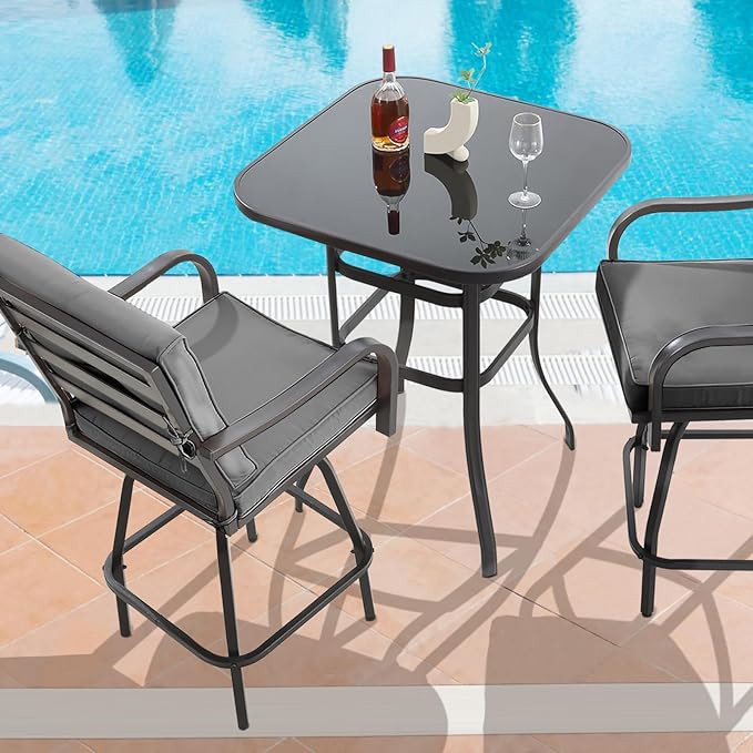 Patio Swivel Bar Stools, Outdoor High Back Swivel Bar Stool Chair Set of 2 with Cushion & All Weather Steel Frame, Dark Gray