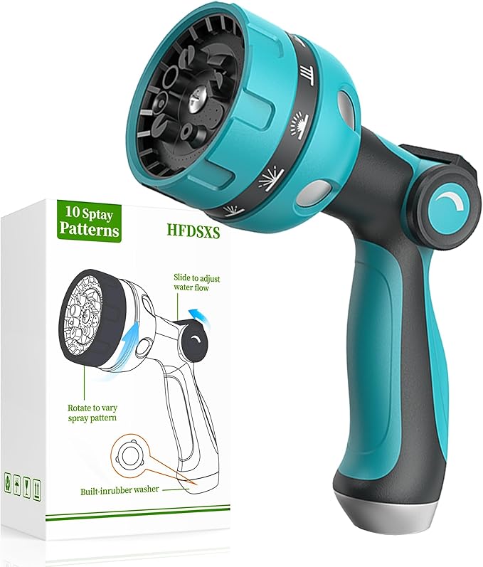 Garden Hose Nozzle, Heavy Duty Water Hose High Pressure Sprayer with 10 Watering Patterns, Thumb Control On Off Valve, for Watering outdoor Plants & Lawn, Car & Pet Washing(Blue)