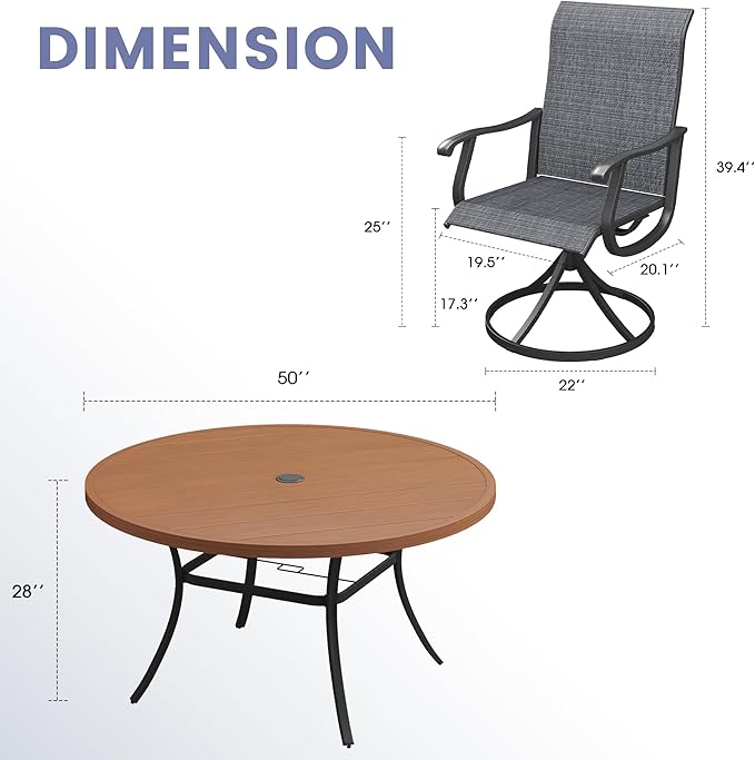 VICLLAX 7 Pieces Outdoor Dining Set, Patio Furniture Set of 6 Patio Swivel Dining Chairs and 50" Patio Round Table, Dark Charcoal Chairs & Walnut Tabletop