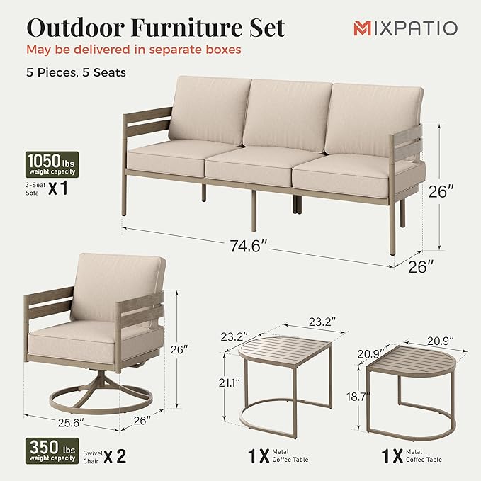 5-Piece Patio Outdoor Conversation Furniture Set with 2 Swivel Chairs, Steel Modern Outdoor Patio Conversation Sets with Thick Cushions for Porch, Balcony, Backyard - Beige