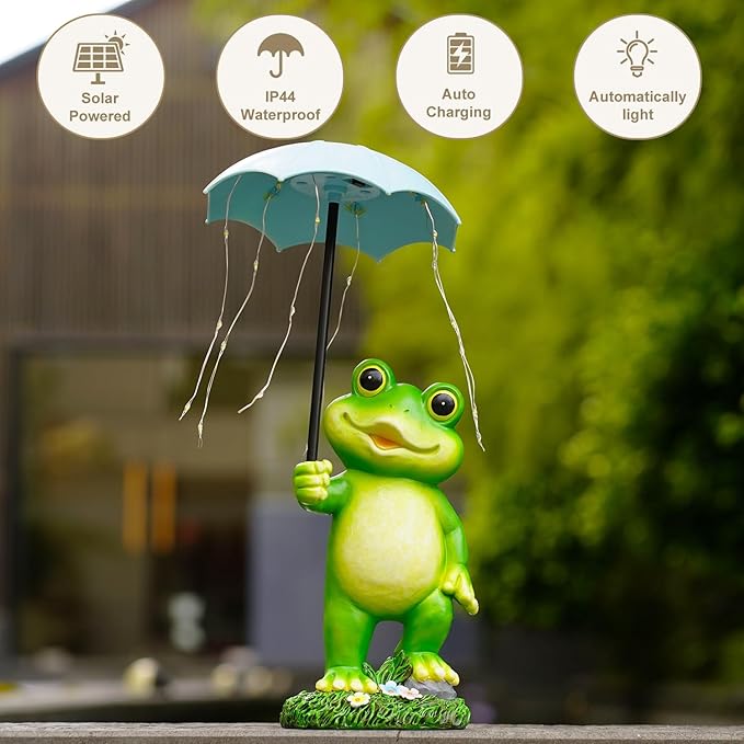 Solar Frog Garden Statue for Outside - Outdoor Decor Funny Hold Umbrella Lights for Lawn Yard Balcony Home : Best Garden Gifts for Mom