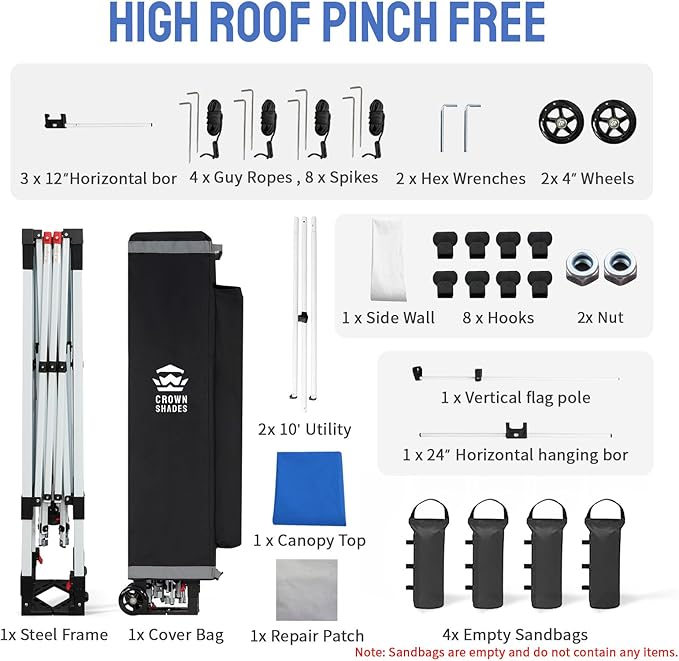 CROWN SHADES 10x10 Pop Up Canopy Tent with 1 Comercial Kit, Instant Commercial Tent with Patended Centerlock, 400D Silver Coated Fabric, 1 Sidewall, 4" Wheels, Sto'N Go Bag,Blue