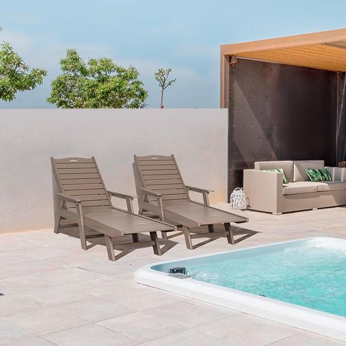 nalone Outdoor Chaise Lounge Chair Set of 2 with Wheels & Cup Holder, HDPE Pool Lounge Chairs with 5-Position Adjustable Backrest Supports Up to 400 LBS for Patio Poolside Deck Beach (Grey Brown)