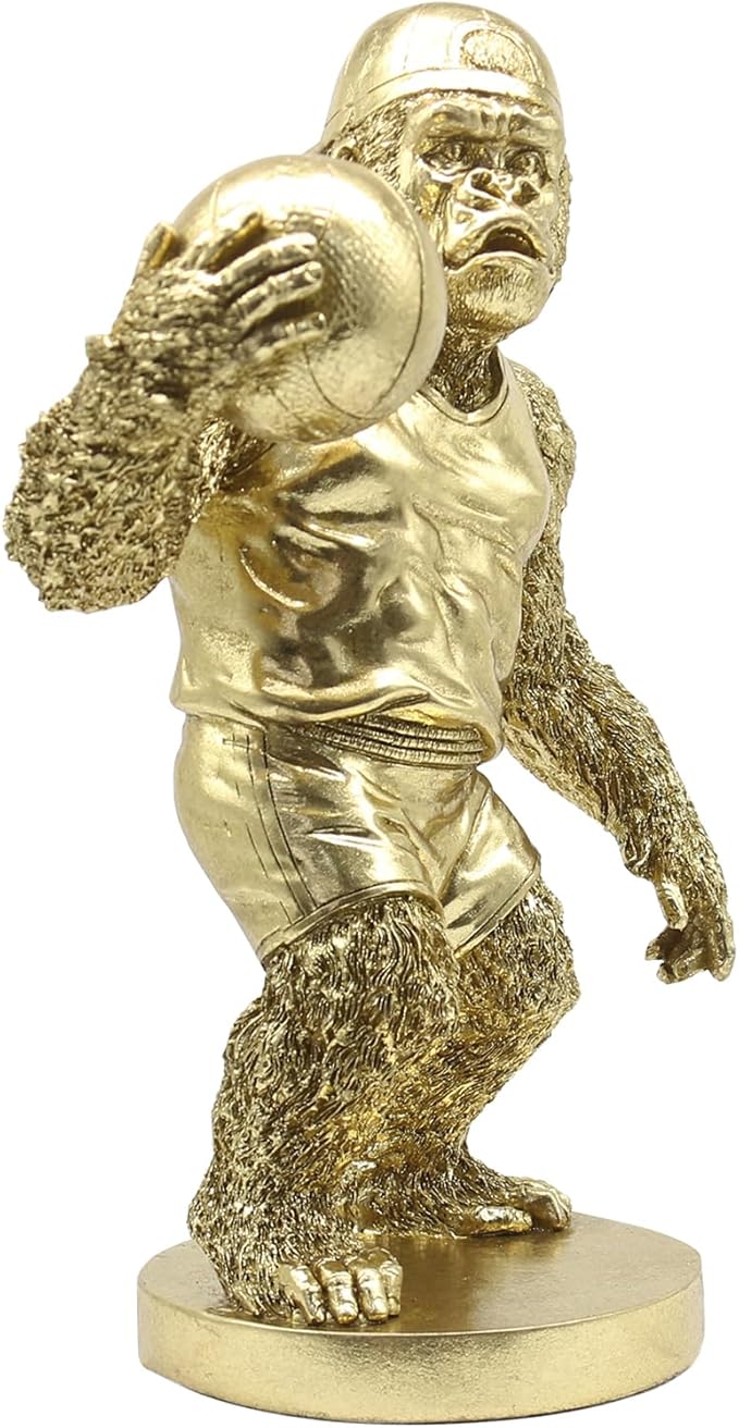 Lukitas Gorilla Playing Basketball Figurine Decor, Kingkong Statue and Sculpture Decor, Creative Decoration for Living Room Office, Golden, Resin 13.5''