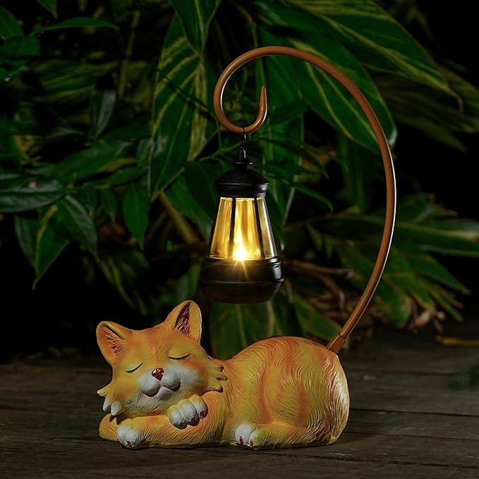 Outdoor Cat Figurine Garden Statue with Solar-Powered LED Light 13.77 Inches Tall Gift Garden Statue Decor for Cat Lovers Yellow