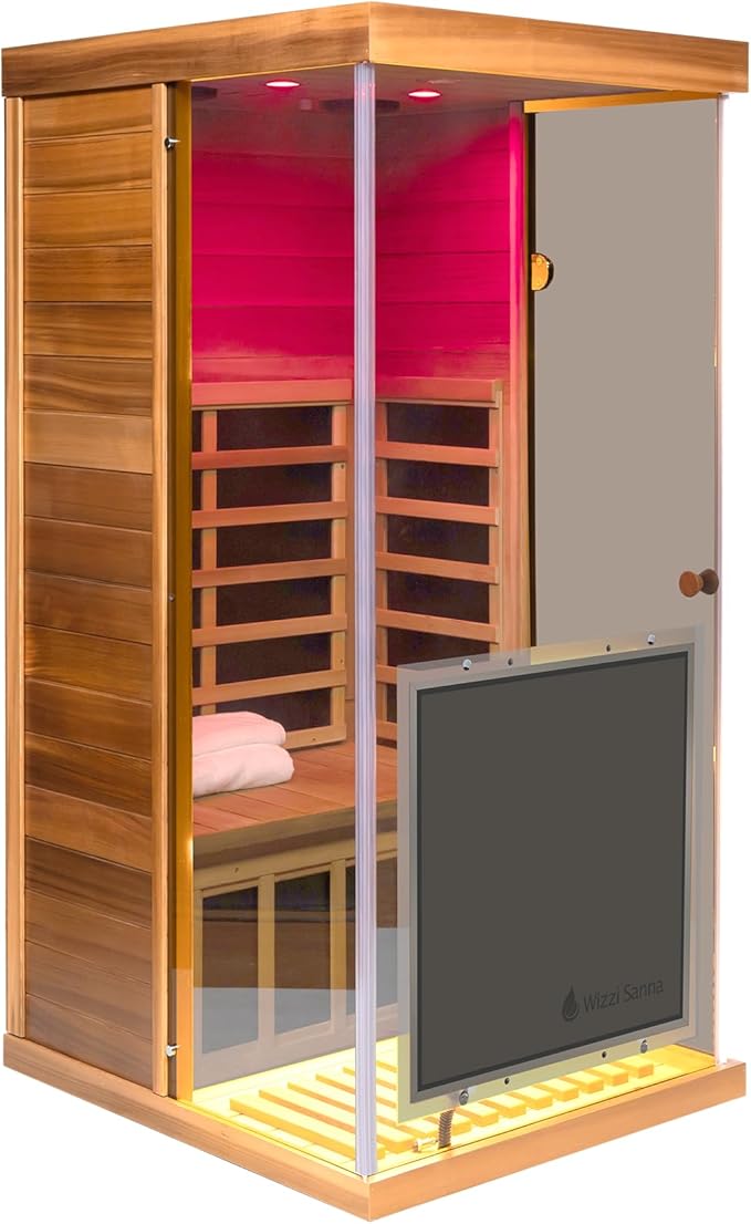 Red Cedar Dry Sauna for Home, Low EMF Far Infrared Indoor Sauna 1 Person 1100W/120V with 6 Carbon Panel Heater & LCD Control Panel & Bluetooth Audio & Chromotherapy Lights & 270° Panoramic Vision