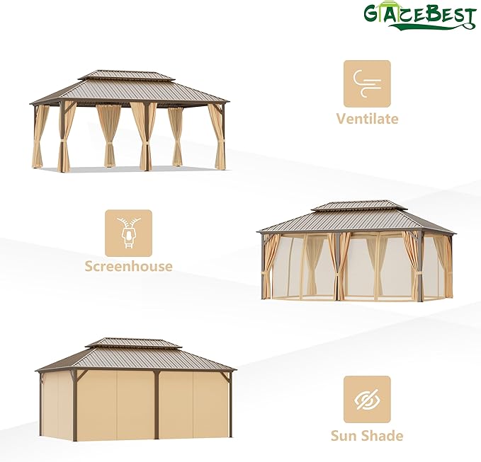 12'x18' Hardtop Gazebo Outdoor Aluminum Patio Gazebo Double Roof Galvanized Steel Canopy with Netting and Curtains for Garden, Backyard,Deck and Lawns
