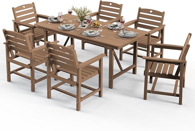 Patio Table and Chairs Set with Umbrella Hole, HDPE Patio Dining Set for 6, Outdoor Dining Set for Lawn, Patio, Porch, Deck, Poolside, Yard (Teak, 7-Piece)