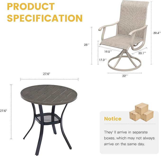 VICLLAX Patio Dining Set for 2, 3 Pieces Outdoor Furniture Includes 27.5" Small Round Patio Table and 2 Outdoor Swivel Chairs for Lawn Garden, Grey Wood Grain Tabletop and Sandshell Fabric