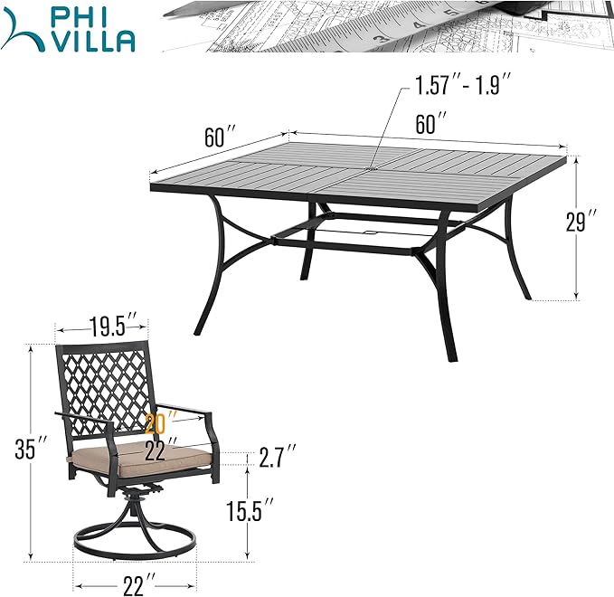 PHI VILLA 9-Piece Metal Patio Outdoor Table and Chairs Outdoor Dining Set - Large Square Patio Table and 8 Backyard Garden Chairs, Black