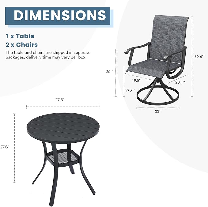 DIFY 3 Pieces Outdoor Patio Bistro Dining Set, 2 Dark Grey Textilene Swivel Dining Chairs and 27.6" Black Small Round Dining Table, Outdoor Table and Chairs