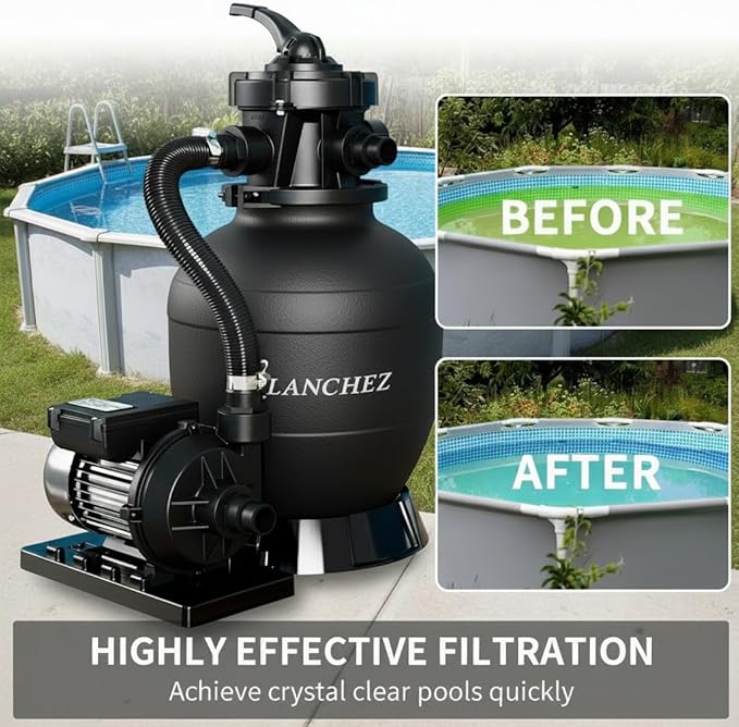 LANCHEZ 12'' Sand Filter Pump for Above Ground Pool, 1/3 HP, Max 2400 GPH for Pools Up to 7000 GAL, 6-Way Valve Pool Sand Filter System, Enhanced Circulation for Crystal-Clear Pool