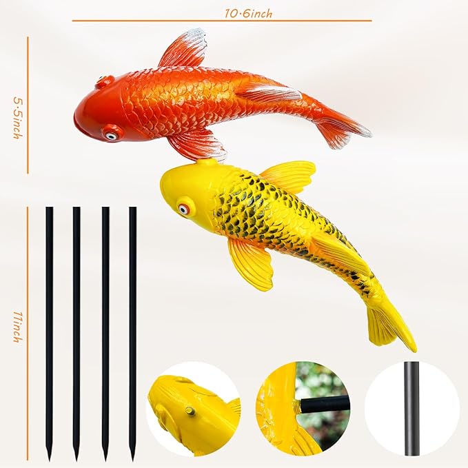 Set of 2 Koi Fish Garden Stakes, Red & Gold Resin Sculptures, Weatherproof Outdoor Patio Pond Decor, Feng Shui Yard Art, Easy Setup Gift(B&Y)