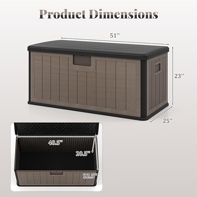 HAPPYGRILL Outdoor Storage Deck Box with Lockable Design & Gas Strut, Handle, 100 Gallon HDPE Patio Storage Organizer for Lawn Backyard Poolside (Black Brown)