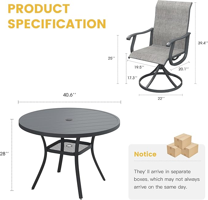 VICLLAX Patio Dining Set for 4, 5 Pieces Outdoor Furniture Includes 40.6" Round Patio Table with Umbrella Hole and 4 Outdoor Swivel Chairs for Lawn Garden, Grey Tabletop and Grey Fabric