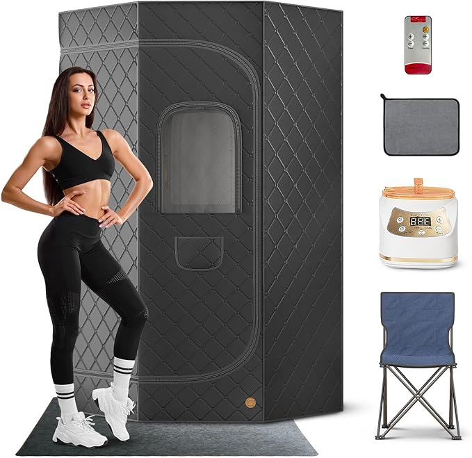 Home Steam Sauna Box, Portable Sauna for Home, Steam Sauna Tnet Full Size Single Person Sauna with 3.0L&1500W Steamer, Remote Control, Foldable Chair & RGB LED Light (Black)