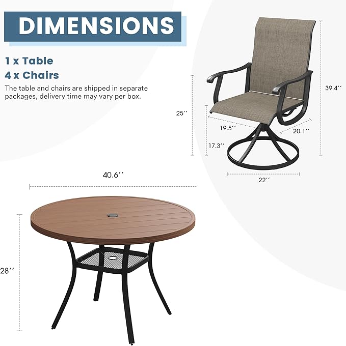DIFY 5 Pieces Outdoor Patio Dining Set, 4 Brown Textilene Swivel Dining Chairs and 40.6" Walnut Round Dining Table, Metal Outdoor Table and Chairs
