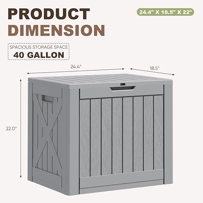Greesum 40 Gallon Outdoor Deck Box, Resin Storage for Patio Furniture, Garden Tools, Pool Supplies, Weatherproof and UV Resistant, Lockable, Gray