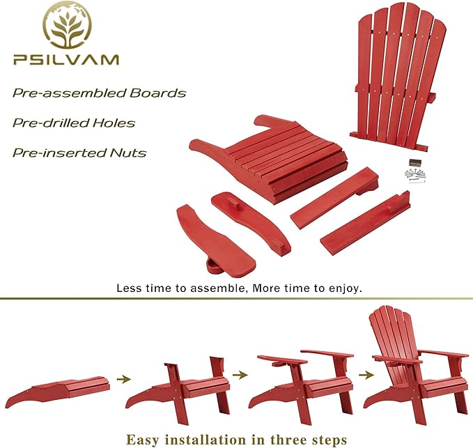Psilvam Adirondack Chair, Oversized Poly Lumber Fire Pit Chair with Cup Holder, 350Lbs Support Patio Chairs for Garden, Weather Resistant Outdoors Seating, Relaxing Gift for Father & Mother (Red)