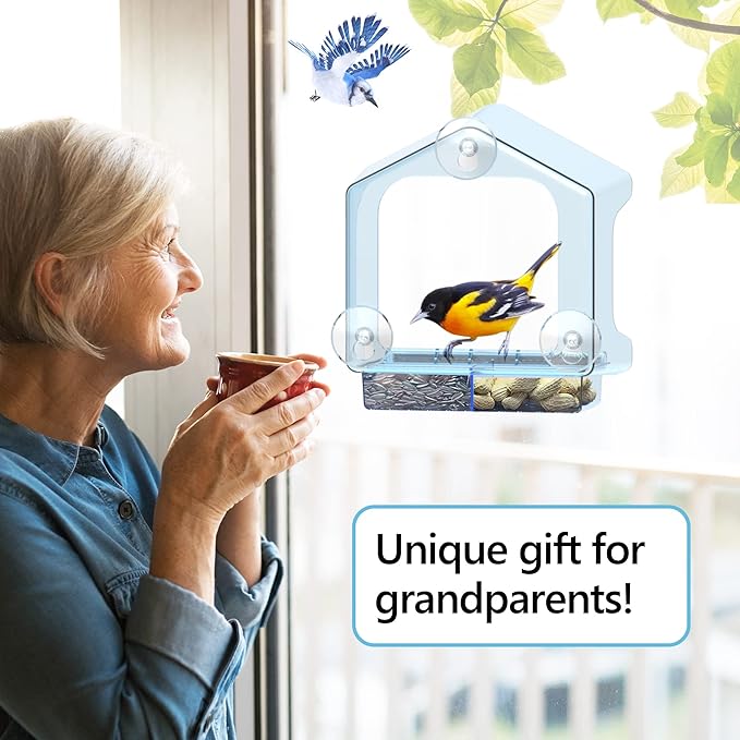LUJII Blue Window Bird Feeder for Outside, All One Piece Design Non-breakable, Accommodates Large Birds Like Cardinals or Blue Birds, Lift-up Tray for Easy Cleaning & Refilling