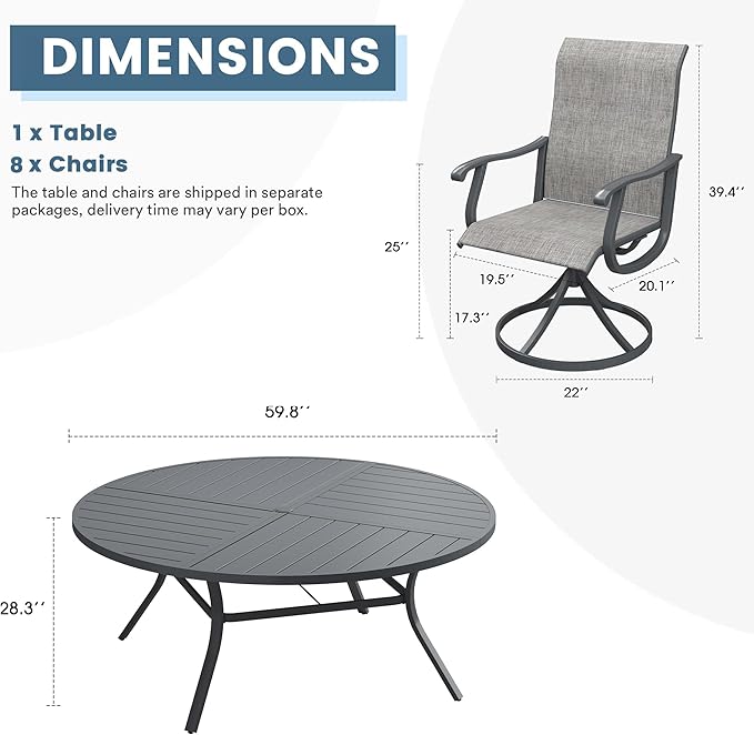 DIFY 9 Pieces Outdoor Patio Dining Set, 8 Grey Textilene Swivel Dining Chairs and 59.8" Grey Round Metal Dining Table, Outdoor Table and Chairs