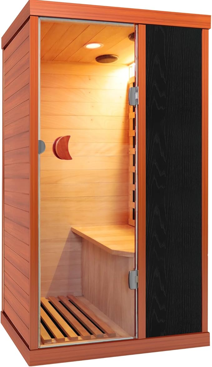 Sauna, Far Infrared Saunas for Home Room 800W/110V Indoor Sauna for Single Person Okoume Wood Sauna with 1 Person Low EMF Dry Sauna with Speakers/Air Hole and LED Color Light - 28.8 * 35.3 * 61.5 in