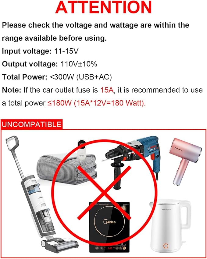 300W Car Power Inverter - YSOLX Dual DC 12V to 110V AC Car Outlet Adapter to Wall Plug, 24W Fast Charging USB-C&USB-A, Portable Charger Converter with for Laptops, Phones