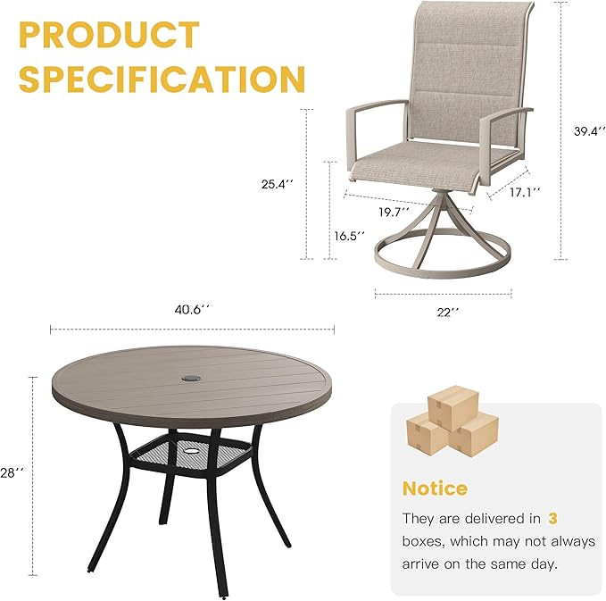 VICLLAX 5 Pieces Patio Dining Set - 41.2" Round Outdoor Table and Swivel Padded Chairs, Grey Wood Grain Tabletop and Sandshell Fabric