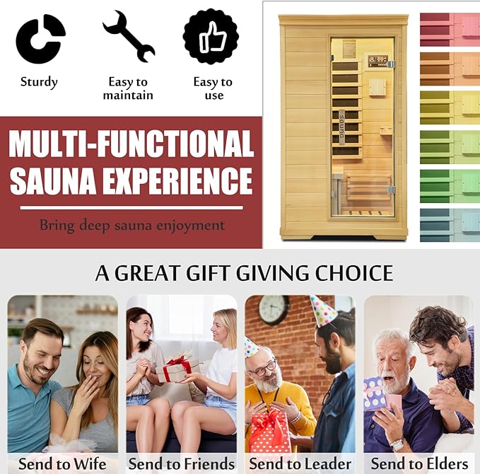 Far Infrared Sauna,1 Person Indoor Side-Opening Home Sauna Canadian Hemlock Wood Dry Sauna 1050W Carbon Heating Panels Infrared Home Spa