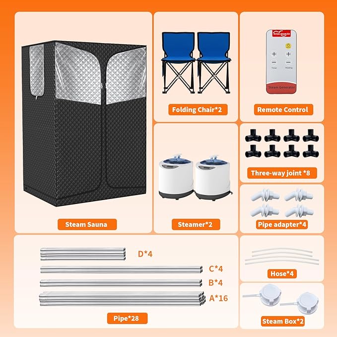 Portable Steam Sauna Box for Home, Infrared Sauna Tent with 3L Steam Generator, Remote Control, 9 Temperature Levels, 99 Minute Timer, Indoor 2 Person Sauna with Foldable Chair for Home Spa,Black