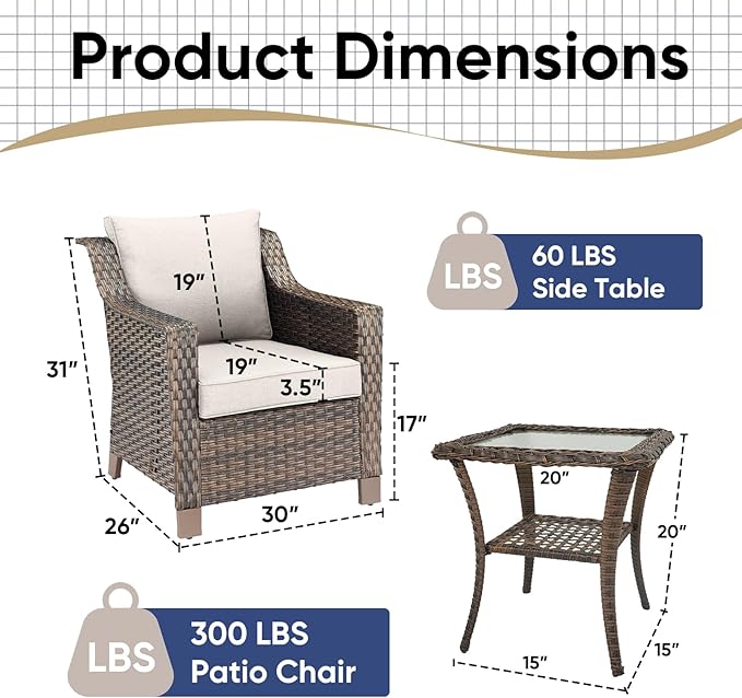 3 Pieces Patio Furniture Set-Wicker Patio Chairs Set of 2 with Tempered Glass End Table Outdoor Patio Chairs for Deck Balcony Poolside Backyard-Brown/Beige