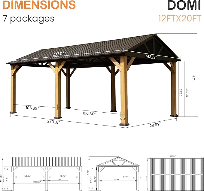 Domi 12x20FT Cedar Wood Hardtop Gazebo with Curtains and Netting, Galvanized Steel Gable Roof, Hooks, Heavy Duty Outdoor Pavilion All Weather Pergola for Patio, Deck, Backyard