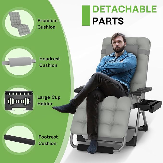 ZENPETIO 29In XL Zero Gravity Chair w/Cushion, Zero Gravity Recliner Lounge Chair for Indoor and Outdoor, Reclining Camping Chair for Lawn, Anti Gravity Chair with Cup Holder and Footrest, 440LBS