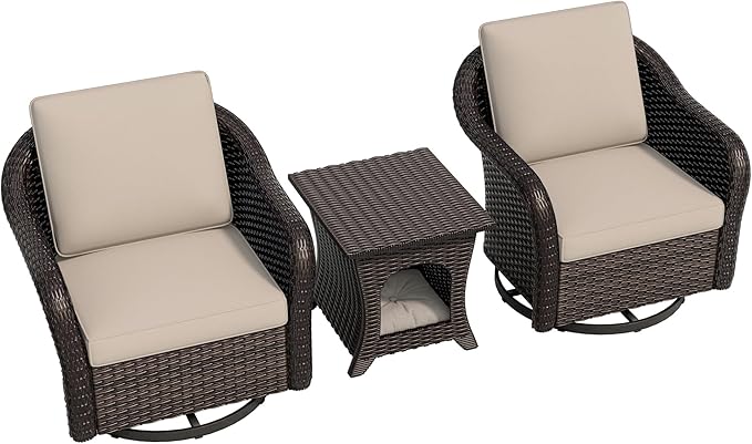Vista Vibe Outdoor Wicker 360 Degree Swivel Glider Rocker Chairs set of 2 with Cat Nest Side Table, All-weather Rattan Patio Conversation Furniture Set with Washable Cushions for Balcony, Yard (Beige)