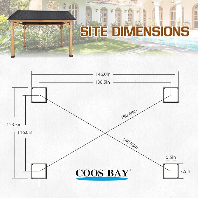 COOS BAY 11x13 Hardtop Gazebo with Cedar Wood Frame, Galvanized Steel Gable Roof Outdoor Pavilion for Garden, Lawn, Poolside, Patio, Deck, Natural Wood/Black