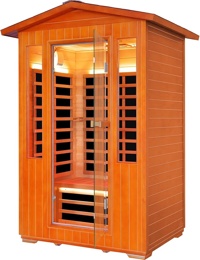 Outdoor Sauna 2 Person Sauna Infrared Saunas Dry Sauna Room 2080W/110V Low EMF Red Cedar and Canadian Fir Board Wood Sauna, Oxygen Bar, Speaker, LED Control Panel, Beauty Light - 48.8*38.2*81.9 IN