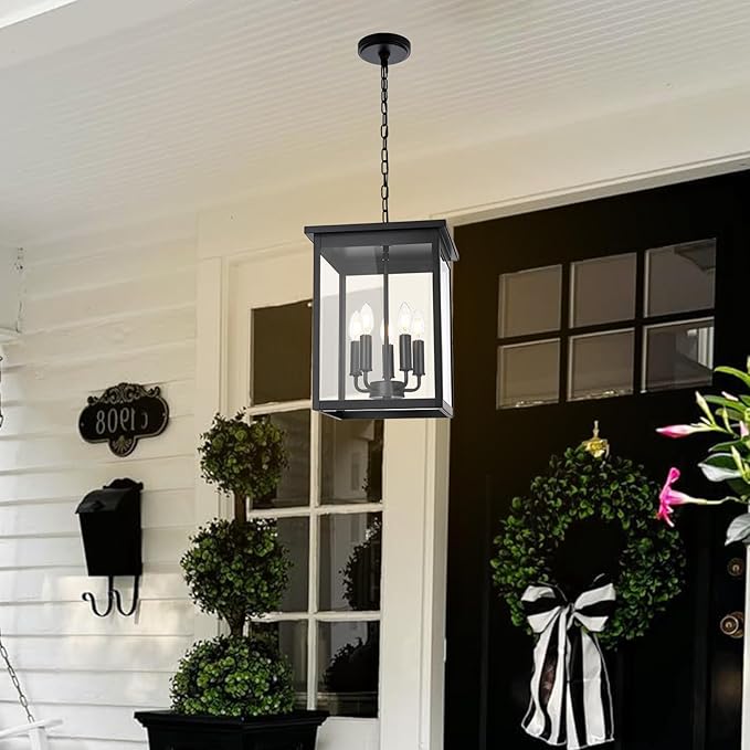 5 Lights Outdoor Pendant Light, Black Outside Chandelier, Exterior Hanging Fixture, Ceiling Mount with Clear Glass Shade Hanging Lantern Light Adjustable Pendant Light for Outdoor Hallway