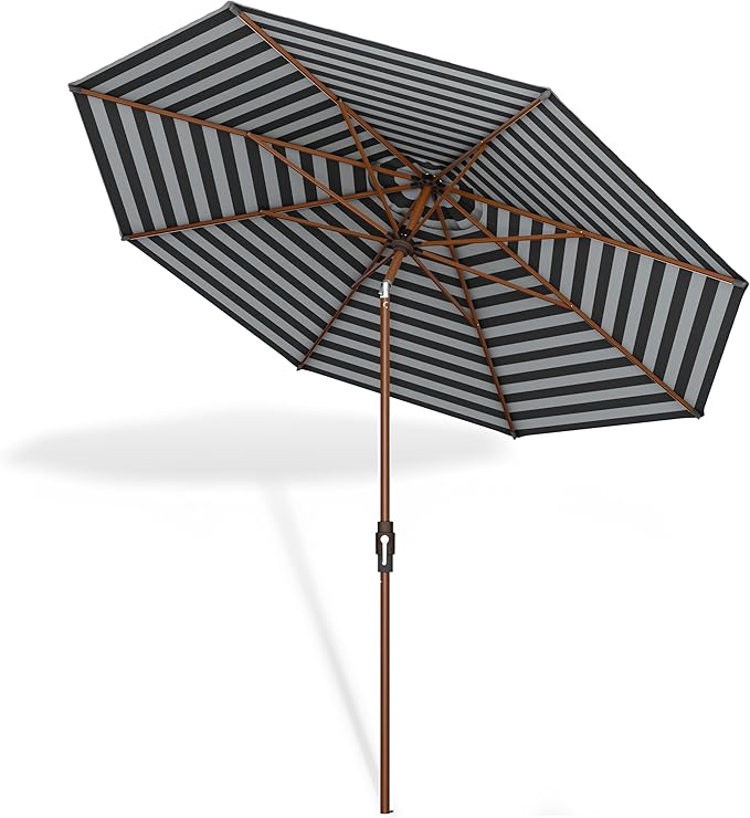 Midtown Umbrellas Sunbrella Umbrella Outdoor Patio Umbrella 2-9 Feet in Black & White Acrylic Fabric, Auto-Tilt Aluminum Frame For Backyard Umbrella, Deck Umbrella & Porch Umbrella - Wooden Pole