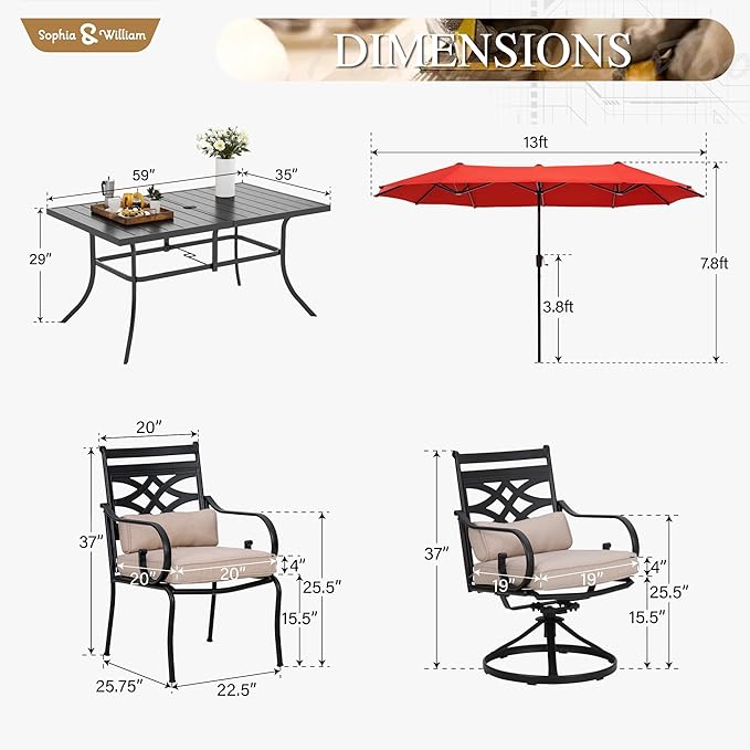 Sophia & William Patio Dining Set for 6 | 13ft Patio Umbrella Red | 4 Fixed Chairs | 2 Swivel Patio Dining Chairs | Removable Seat Cushions | Black 59" Patio Dining Table