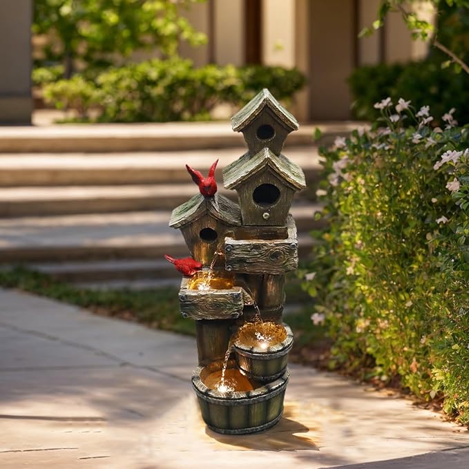 35" Tall Outdoor 4-Tier Birdhouse Floor Standing Water Fountain with LED Lights for Garden, Patio, Yard, Porch Art Home Decor (Bird)