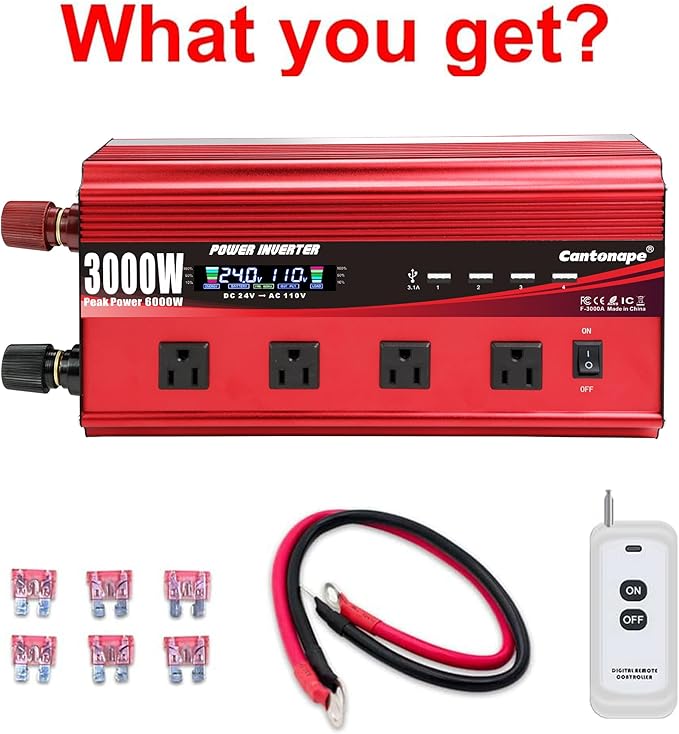 3000W Power Inverter 24V to 110V/120V DC to AC with LCD Display, Remote Controller 4 x AC Outlets and 4 x 3.1A USB Car Adapter for Car Truck Boat RV Solar System