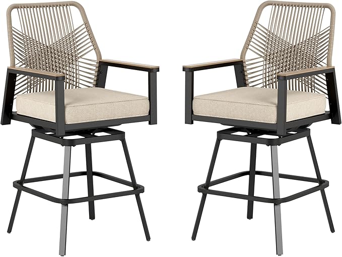Outdoor Swivel Bar Stools Set of 2, Rattan High Top Patio Chairs with Waterproof Cushion and Armrest, All-Weather Bar Height Furniture for Outside Patio Balcony and Pool, Beige