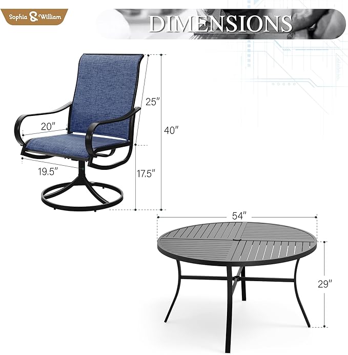 Sophia & William Outdoor Dining Set Patio Dining Set for 6 Round Patio Table and Chairs Set 7 Pieces Patio Set with Swivel Patio Chairs 54" Metal Table for Garden Pool All Weather Blue