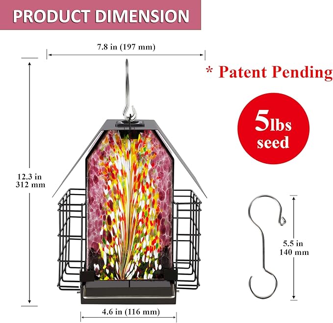 LUJII Solar Bird Feeder for Outdoor Hanging, 2 Suet Cake Cages, Hand-Blown Glass Container, Metal Roof, All-Weather Design for Woodpeckers, Purple