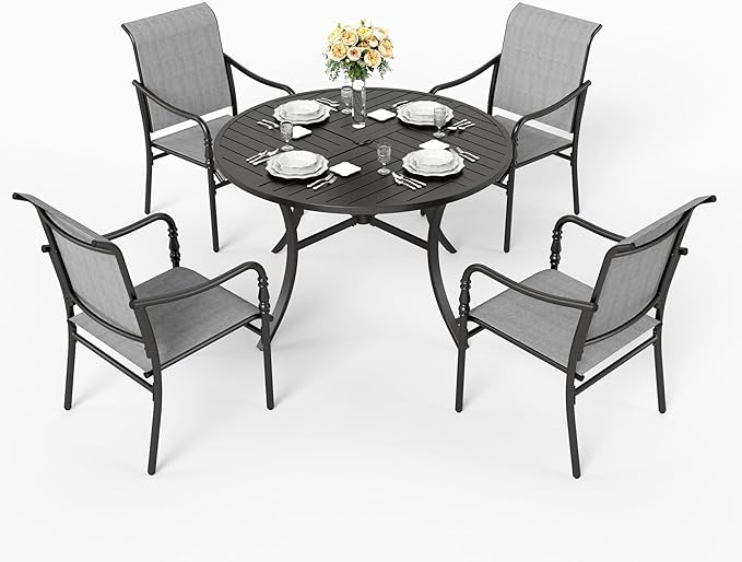 HERA'S HOUSE 5 Pieces Outdoor Dining Sets, Round Table with 4 Armrest Chairs, Patio Table and Chairs for Lawn Porch Backyard Restaurant