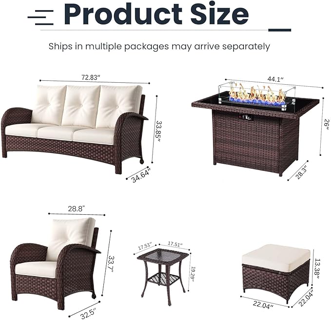 7 Pieces Patio Furniture Sets with Fire Pit Table, Wicker Rattan High Back Outdoor Armchairs Set with 3-Seat Couch, Ottomans and Side Table