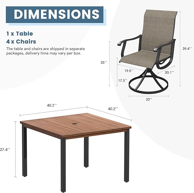 DIFY 5 Pieces Outdoor Patio Dining Set for 4, 40.2" Walnut Metal Square Dining Table and 4 Brown Textilene Swivel Dining Chairs, Outdoor Table and Chairs